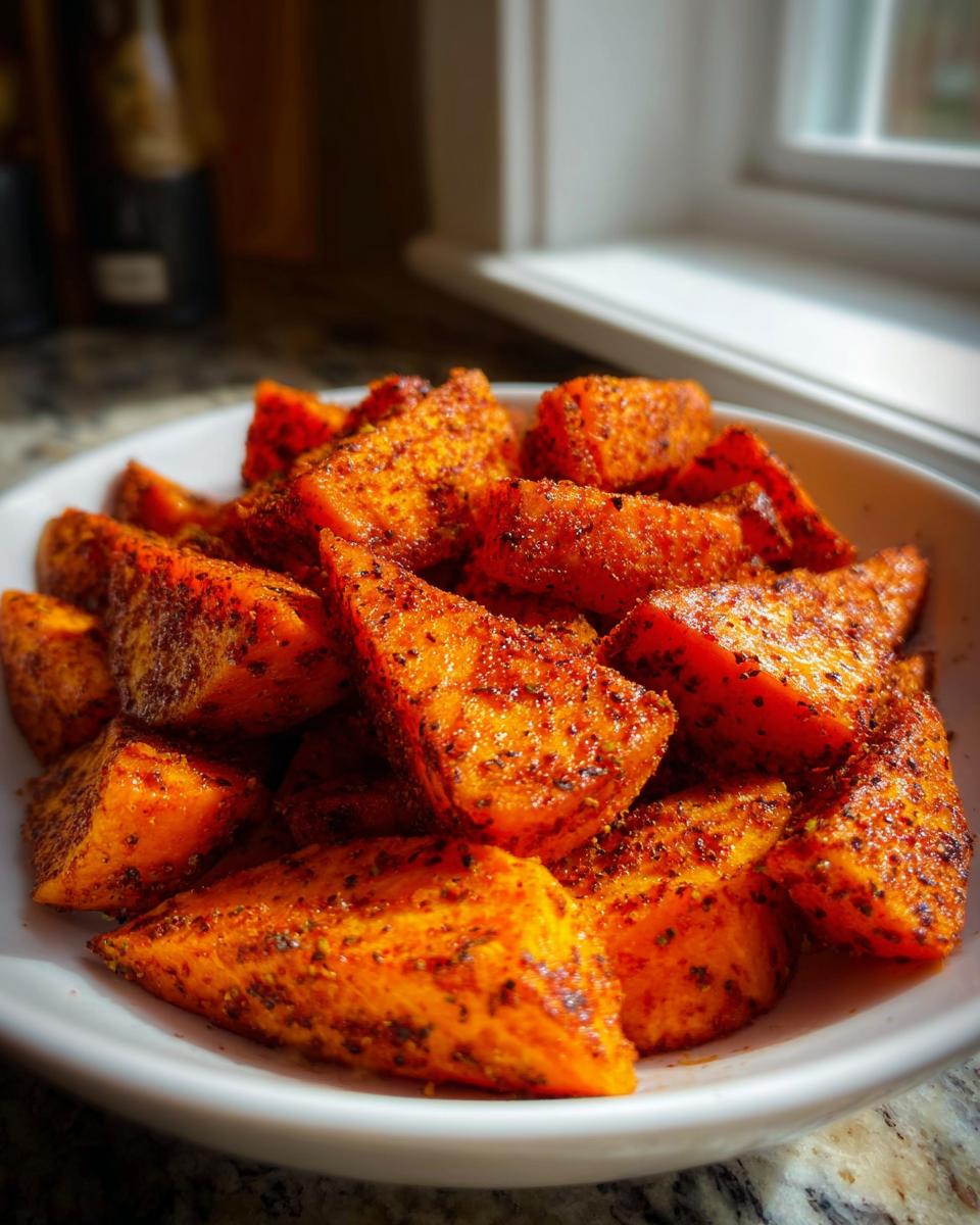 Close-up of vibrant orange Air Fryer Sweet Potato Wedges with Spice piled in a white bowl.