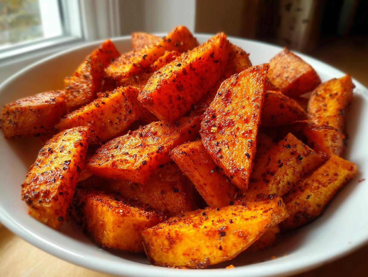 Close-up of crispy Air Fryer Sweet Potato Wedges with Spice piled high in a white bowl.