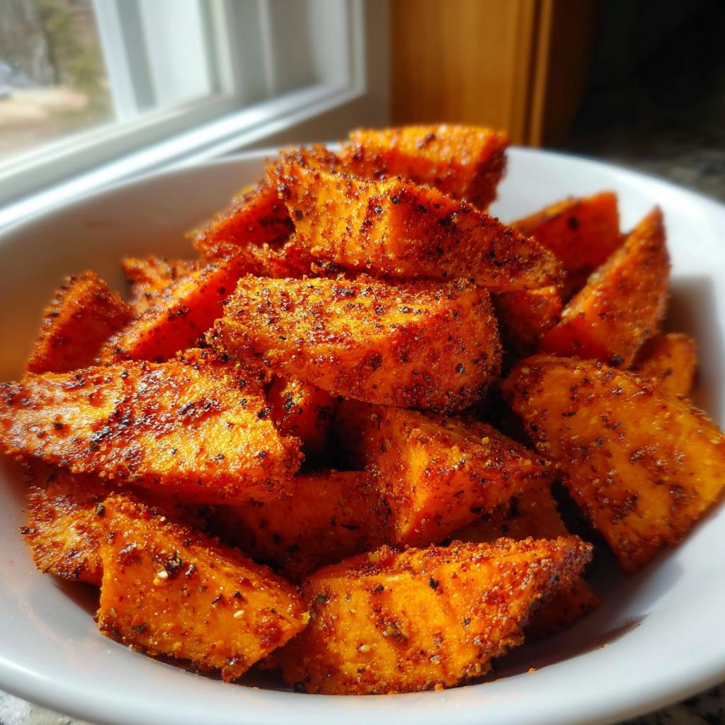 A close-up of vibrant orange Air Fryer Sweet Potato Wedges with Spice piled high in a white bowl.