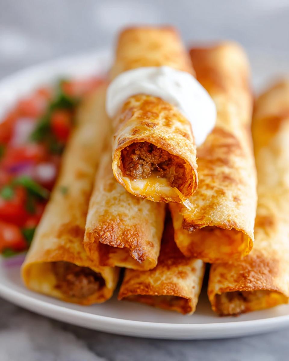 Close-up of crispy Air Fryer Taquitos with Cheesy Filling, one topped with sour cream, showing melted cheese inside.