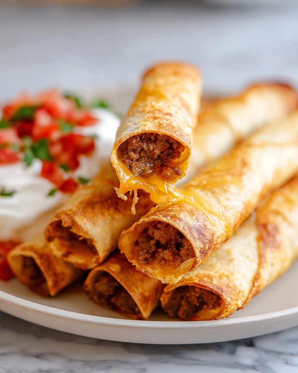 Close-up of crispy Air Fryer Taquitos with Cheesy Filling, one pulled apart showing melted cheese and beef.