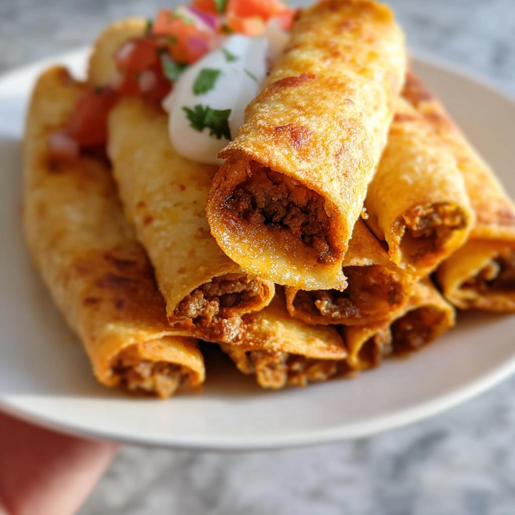 A stack of crispy, golden Air Fryer Taquitos with Cheesy Filling, topped with sour cream and salsa.