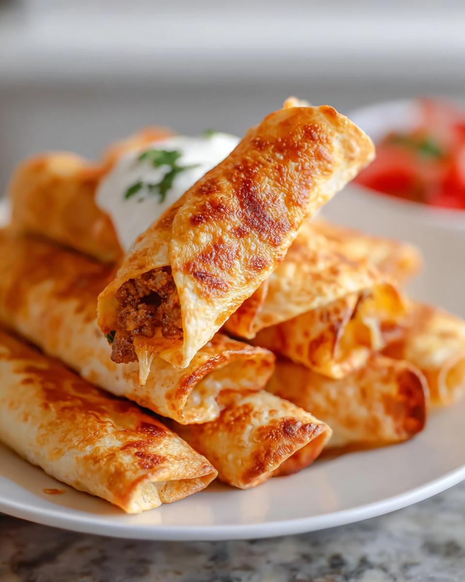 A stack of golden brown Air Fryer Taquitos with Cheesy Filling, topped with sour cream.