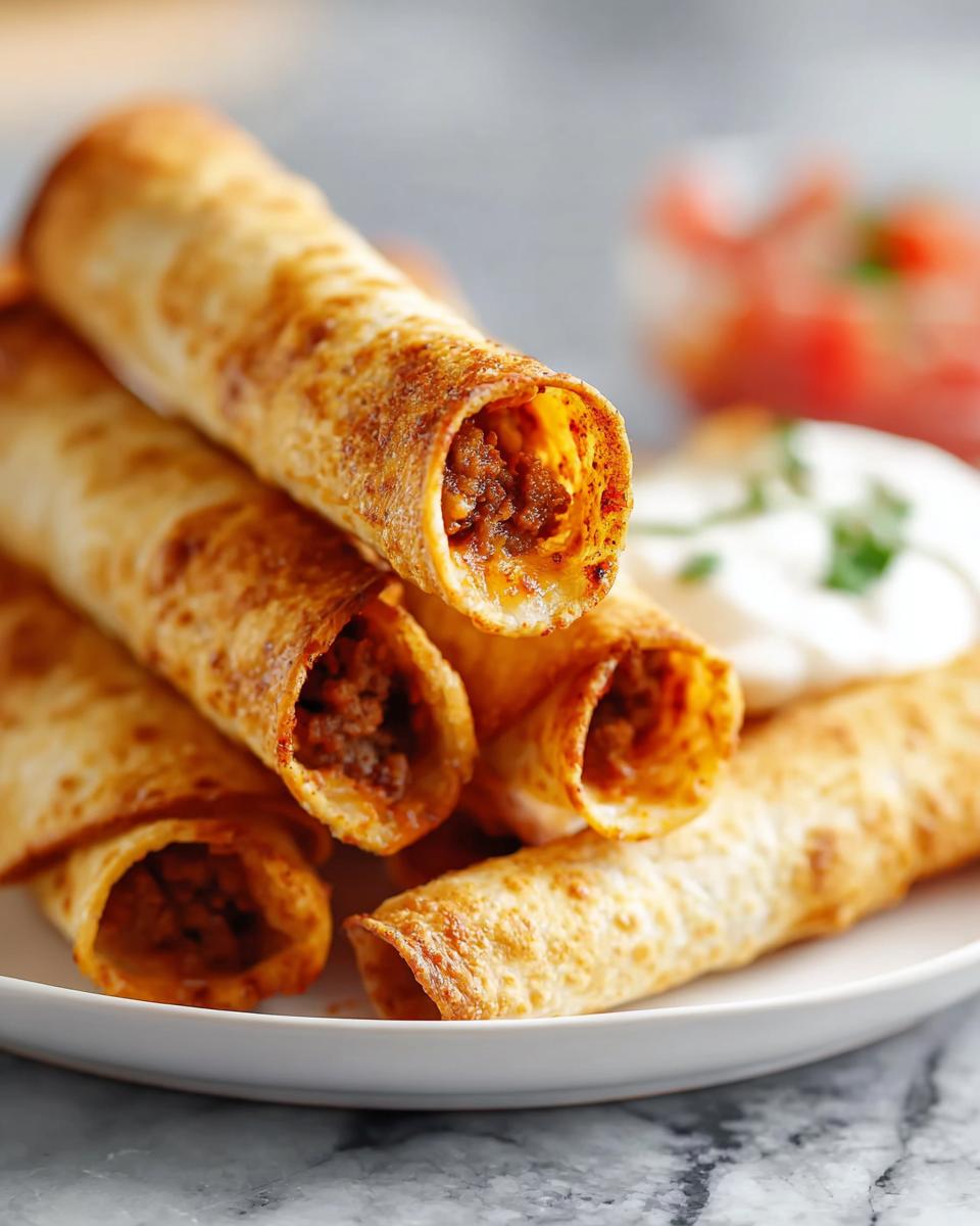 A stack of golden, crispy Air Fryer Taquitos with Cheesy Filling served on a white plate with sour cream and salsa.