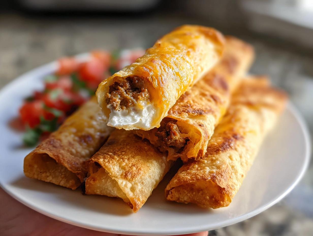 A stack of crispy Air Fryer Taquitos with Cheesy Filling, one is broken open showing meat and cheese.