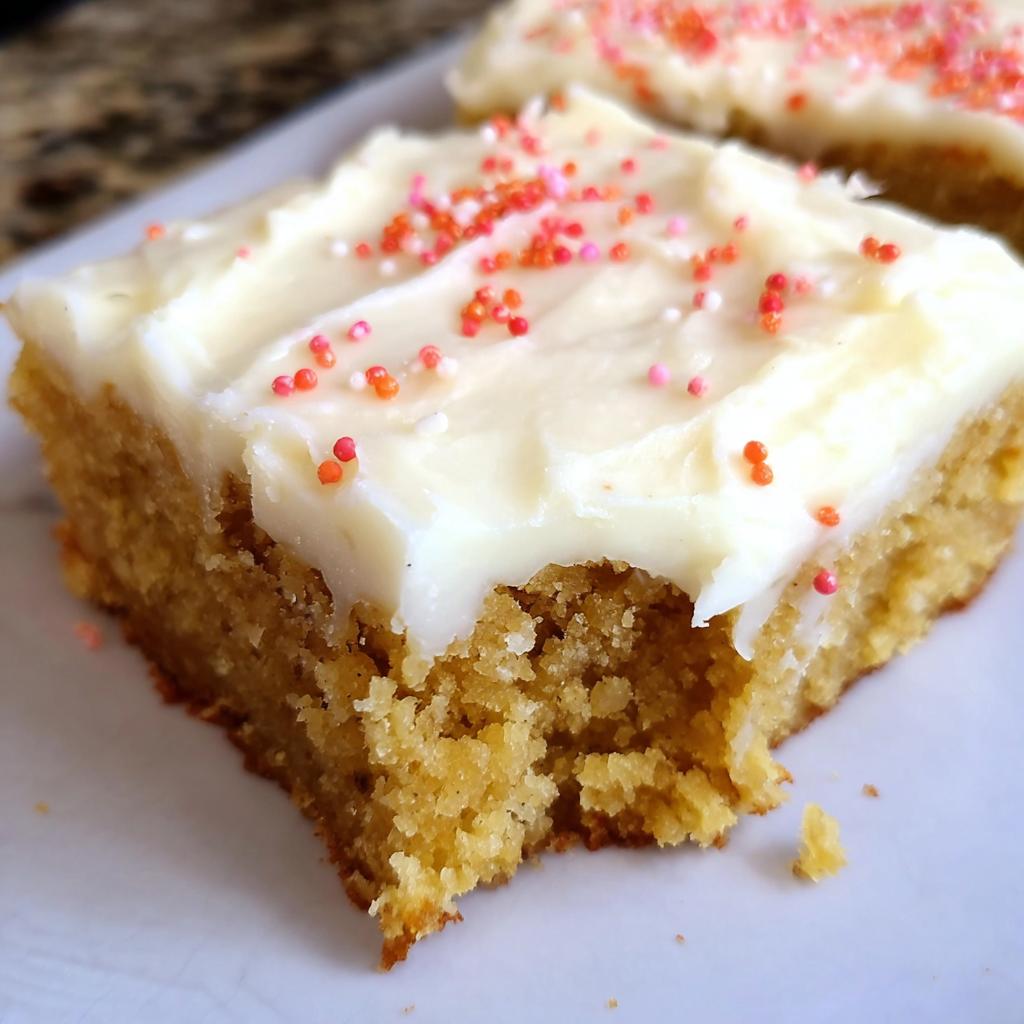 A close-up of a square Almond Flour Sugar Cookie Bar with thick white frosting and pink/orange sprinkles.