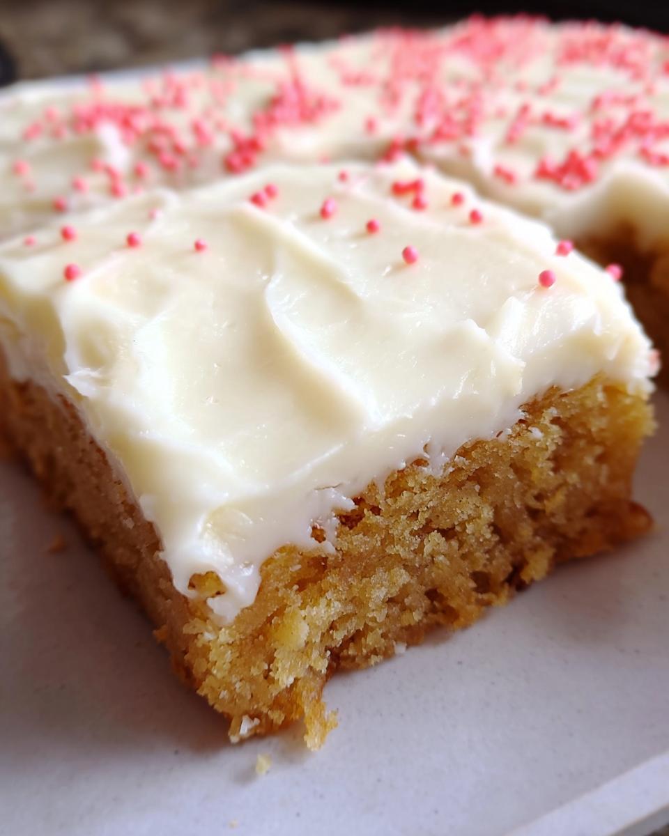 A close-up of a square Almond Flour Sugar Cookie Bars topped with thick white frosting and pink sprinkles.