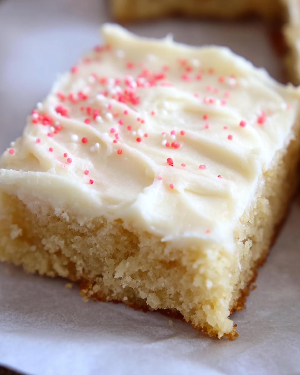 A close-up of one square of Almond Flour Sugar Cookie Bars topped with thick white frosting and pink/white sprinkles.