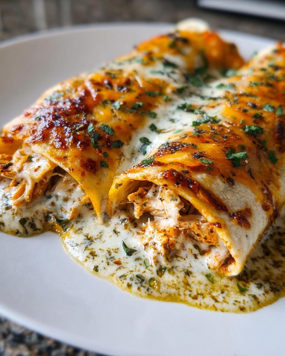 Two cheesy Chicken Enchiladas smothered in a creamy green sauce and topped with fresh cilantro.