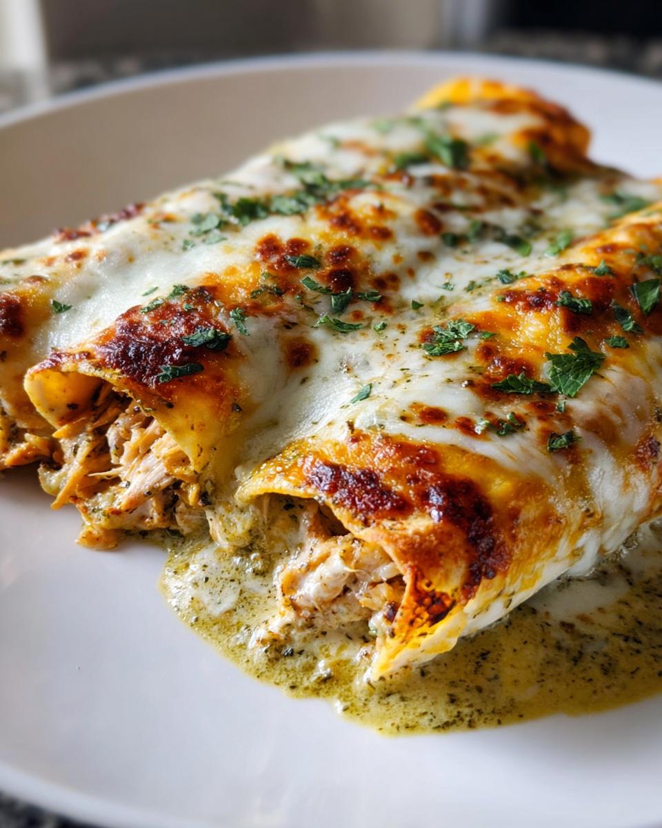 Close-up of two Chicken Enchiladas covered in melted, browned cheese and green sauce, garnished with parsley.