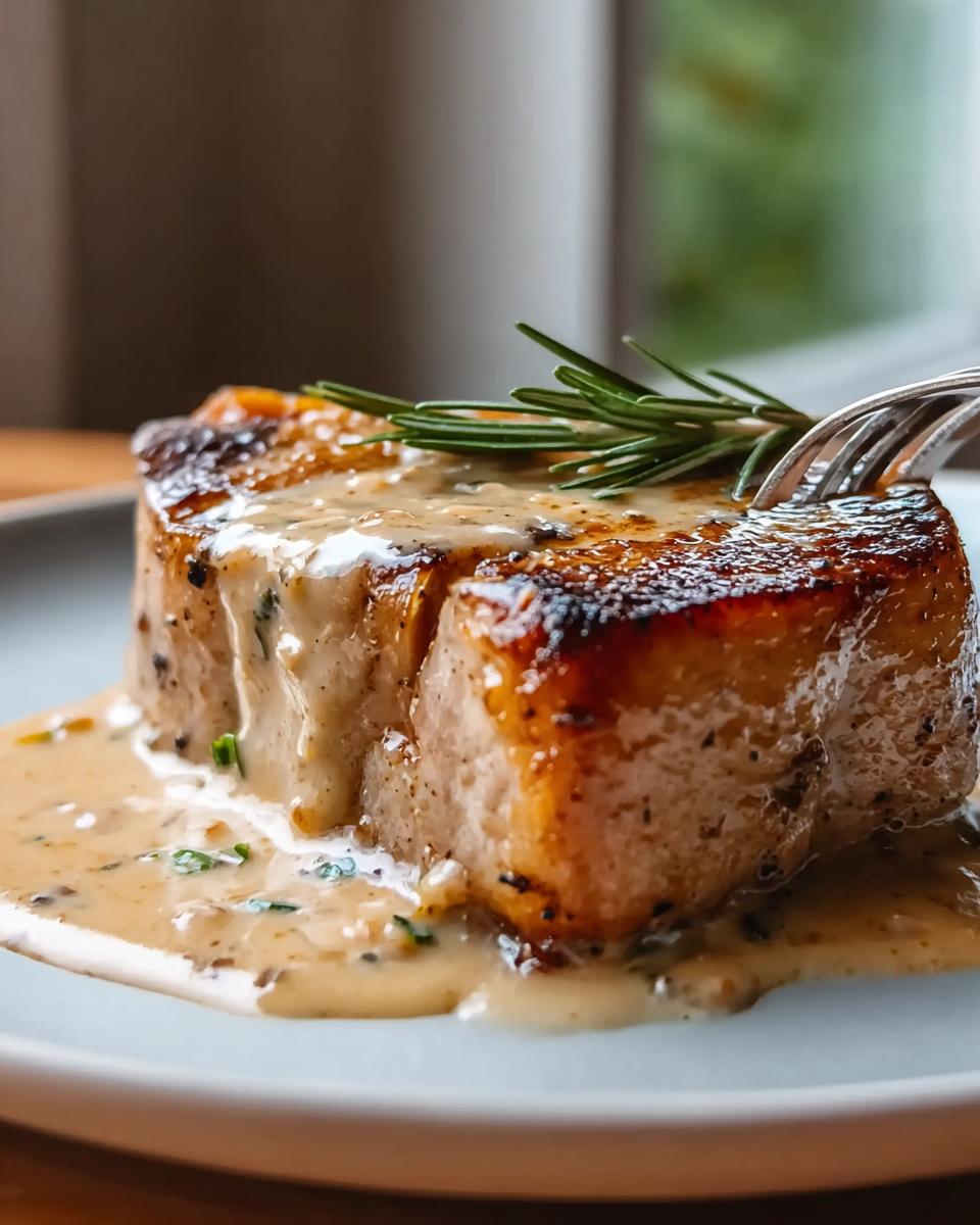 Close-up of a thick, seared Apple Cider Pork Chop covered in a creamy sauce and garnished with rosemary.