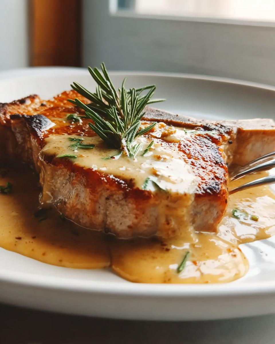 Close-up of a thick, seared pork chop covered in a creamy sauce, garnished with rosemary, part of the Apple Cider Pork Chops recipe.