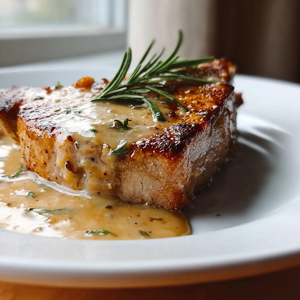 Close-up of a thick, seared pork chop covered in creamy apple cider sauce and topped with fresh rosemary.