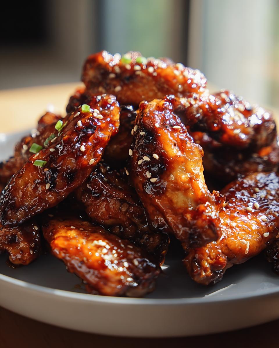 A pile of sticky, glazed Asian Inspired Wings with Soy Ginger Glaze, topped with sesame seeds.