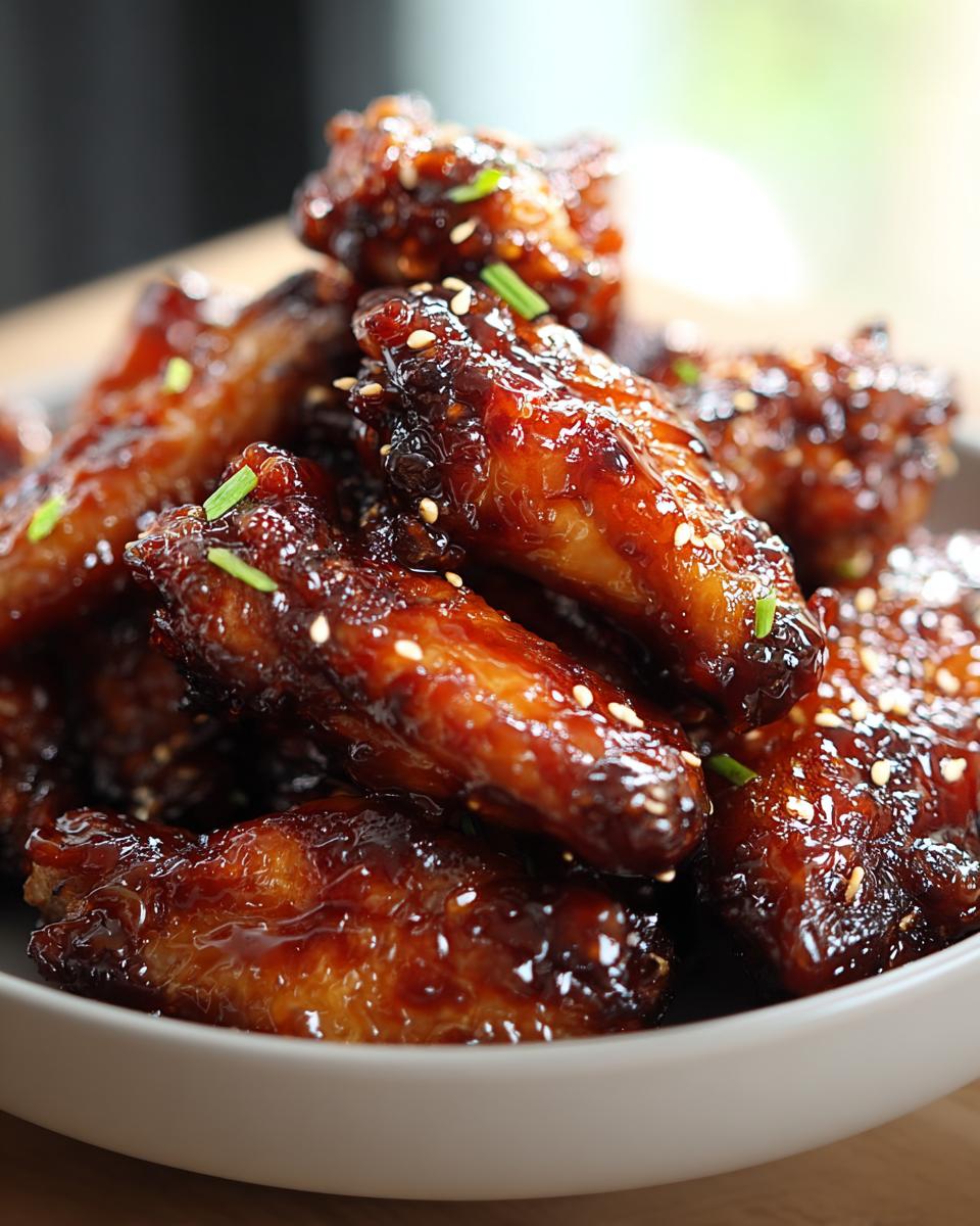 A bowl filled with sticky, glossy Asian Inspired Wings with Soy Ginger Glaze, garnished with sesame seeds and chives.