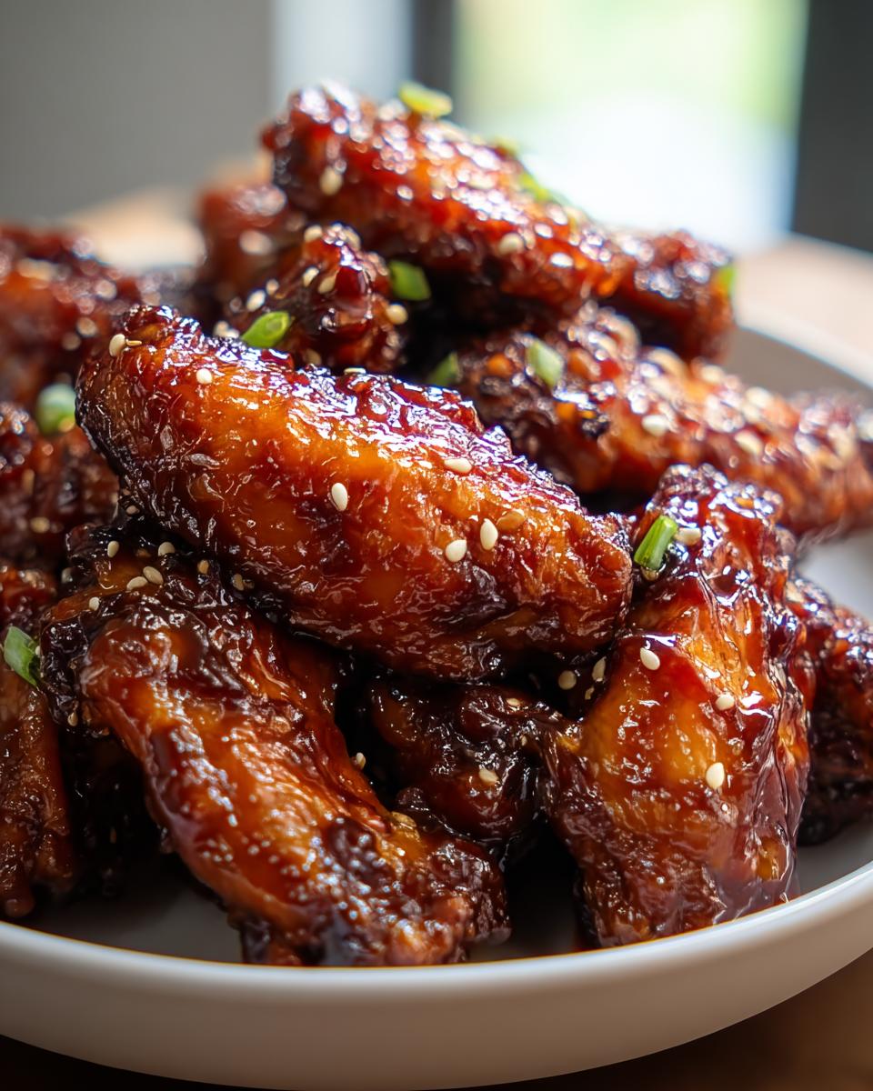 A close-up of sticky, glossy Asian Inspired Wings with Soy Ginger Glaze, garnished with sesame seeds and green onions.