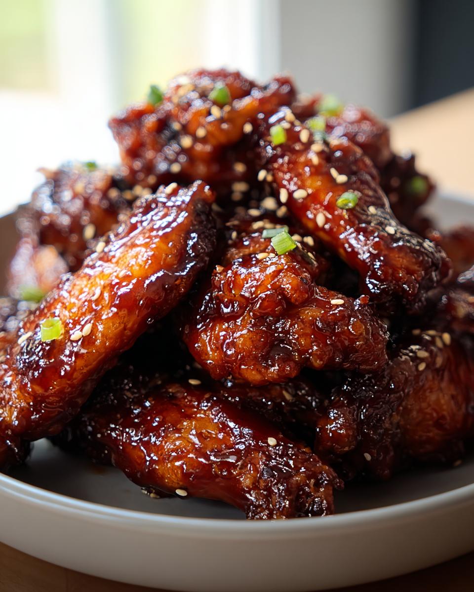 A close-up of sticky, glazed Asian Inspired Wings with Soy Ginger Glaze, garnished with sesame seeds and green onions.