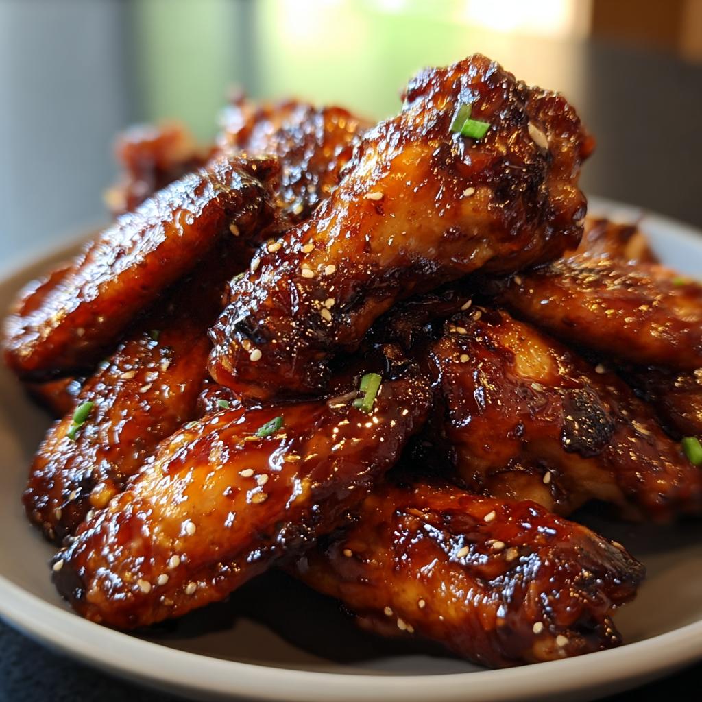 A close-up of crispy chicken wings coated in a thick, shiny Soy Ginger Glaze, sprinkled with sesame seeds.