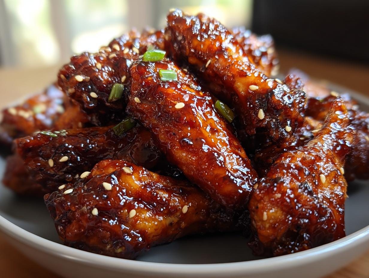 Close-up of sticky, glossy Asian Inspired Wings with Soy Ginger Glaze, topped with sesame seeds.