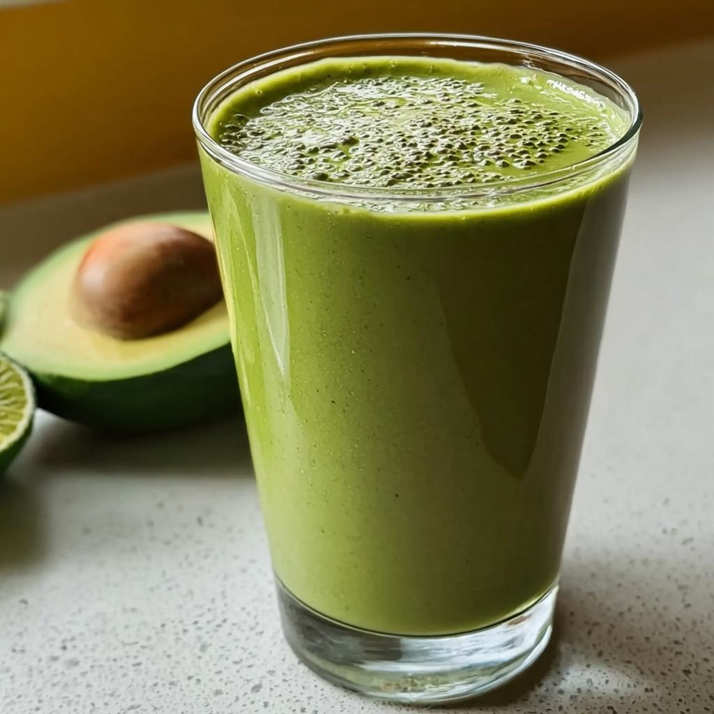 A tall glass filled with a thick, vibrant green Avocado Smoothie with Creamy Vanilla Notes, with half an avocado visible in the background.