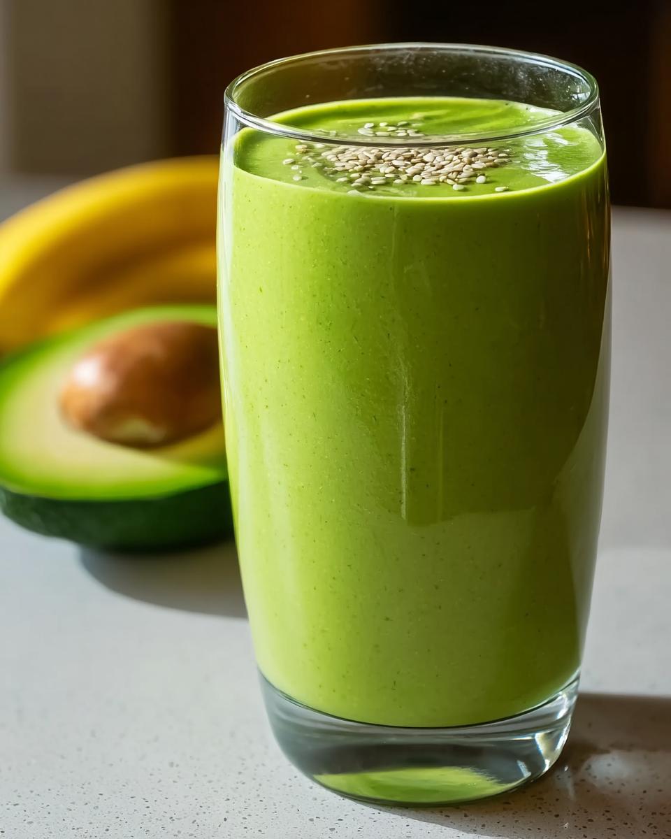 A tall glass of bright green Avocado Smoothie with Creamy Vanilla Notes, topped with sesame seeds.