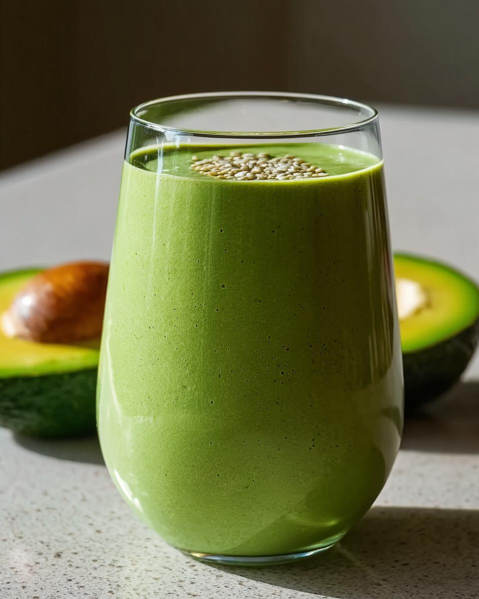 A tall glass filled with a thick, vibrant green Avocado Smoothie with Creamy Vanilla Notes, topped with seeds.