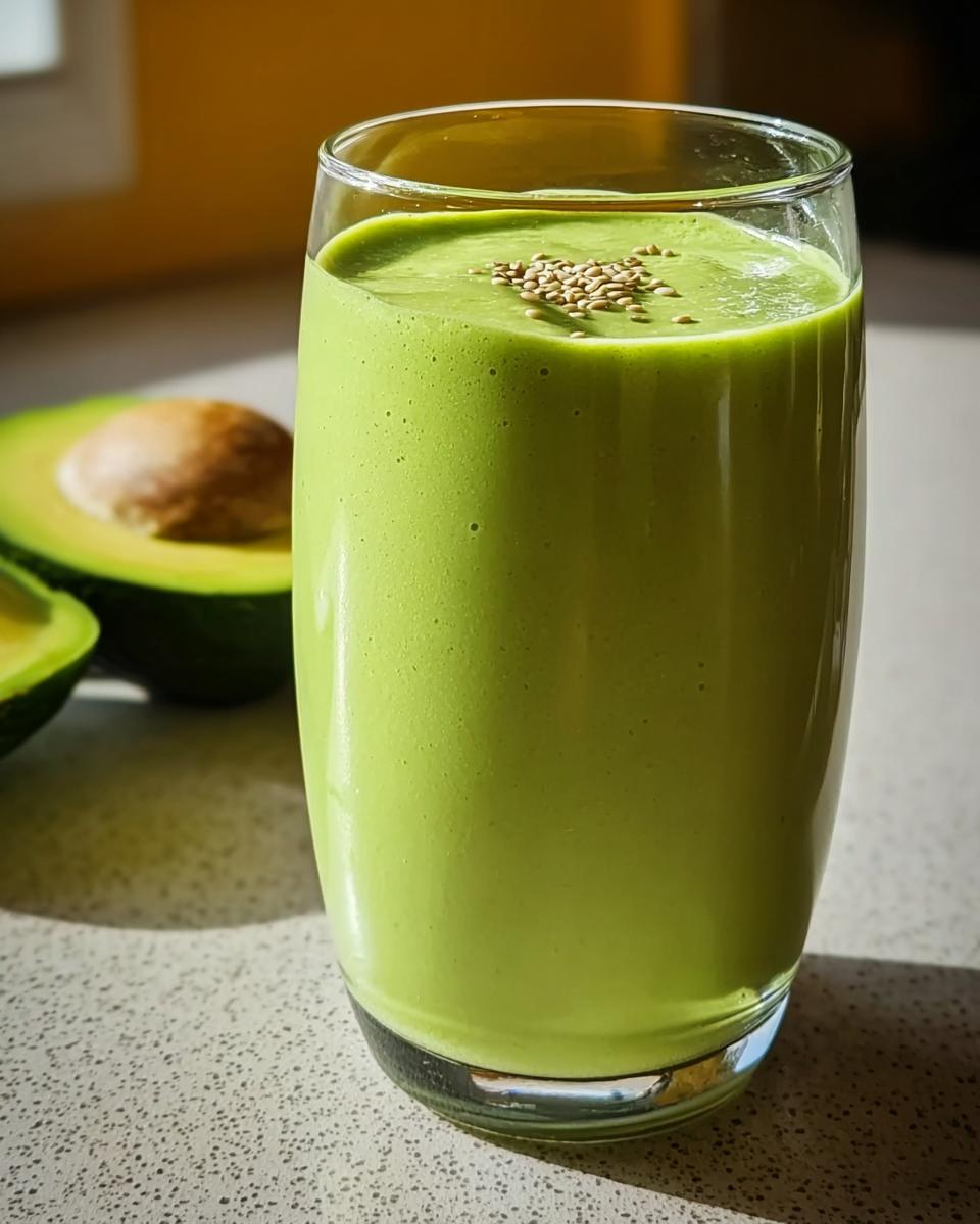 A tall glass filled with a thick, bright green Avocado Smoothie with Creamy Vanilla Notes, topped with sesame seeds.