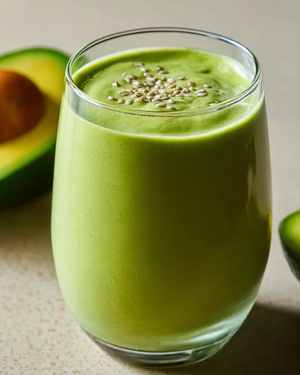 A tall glass filled with a thick, vibrant green Avocado Smoothie with Creamy Vanilla Notes, topped with sesame seeds.