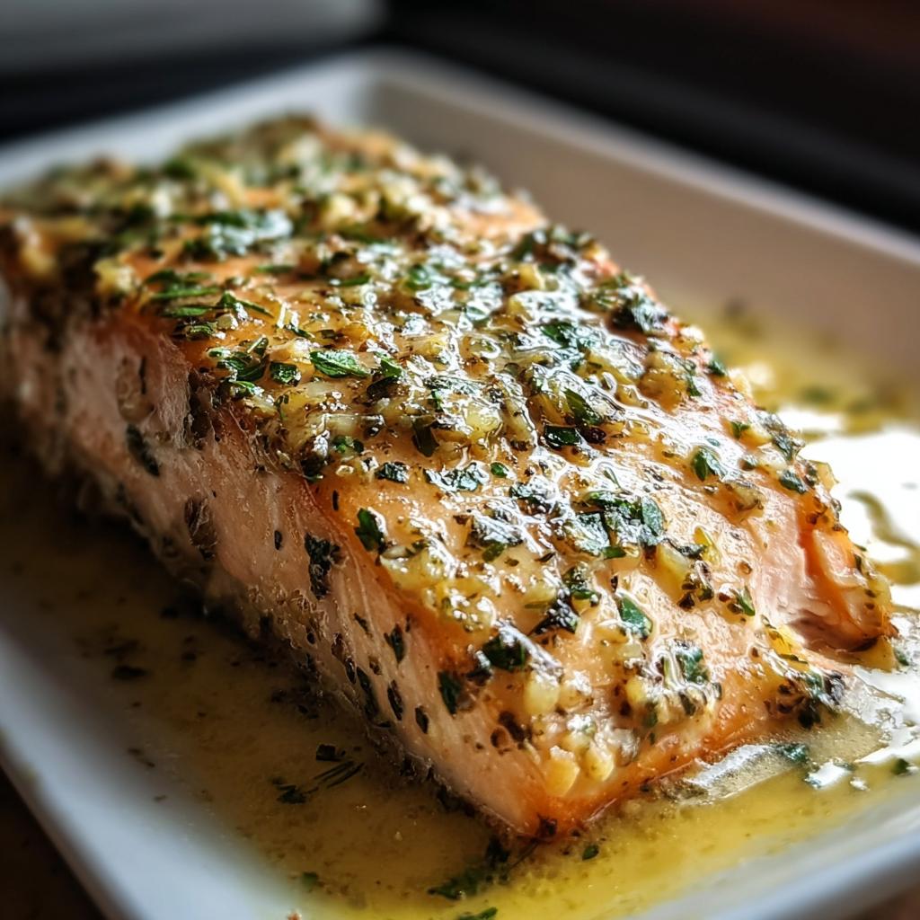 Close-up of a juicy fillet of Baked Salmon with Dijon and Herbs, glistening in butter sauce.