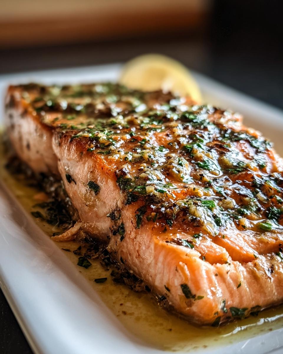 Close-up of a perfectly cooked fillet of Baked Salmon with Dijon and Herbs, glistening with sauce.