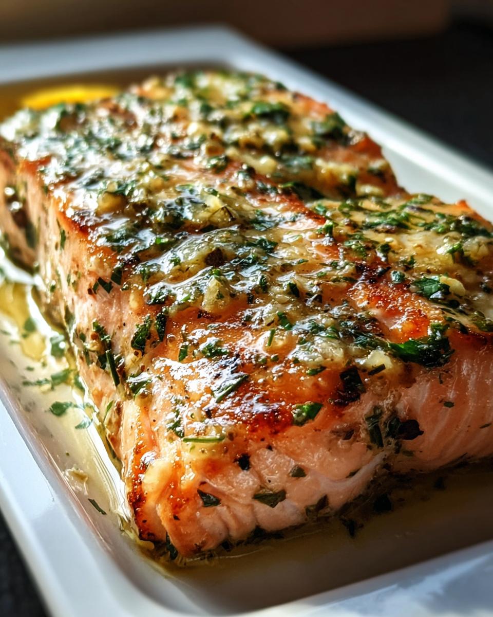 Close-up of a flaky, oven-baked salmon fillet topped with a glistening glaze of Dijon mustard, garlic, and fresh herbs.