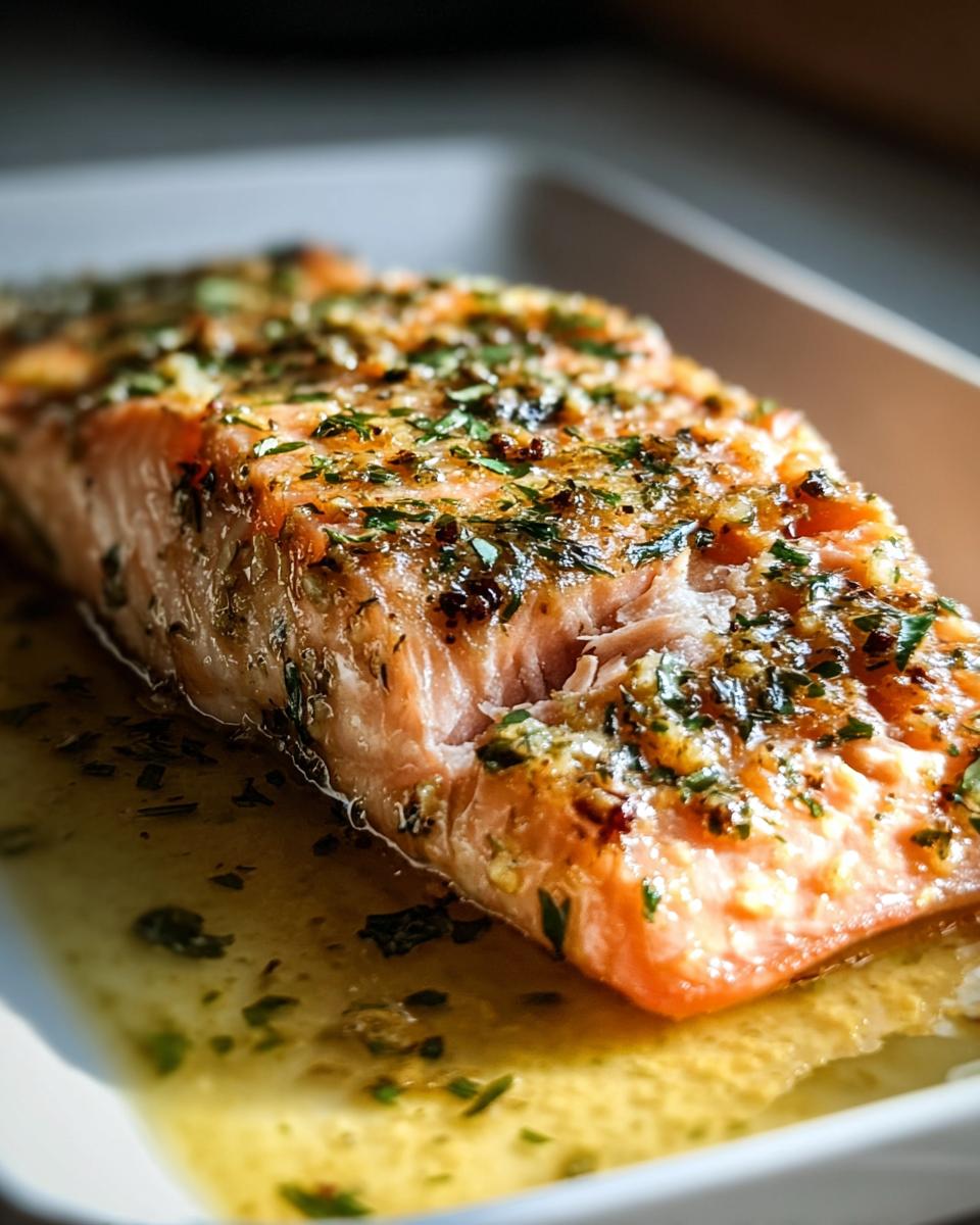 Close-up of a juicy fillet of Baked Salmon with Dijon and Herbs resting in its pan juices.