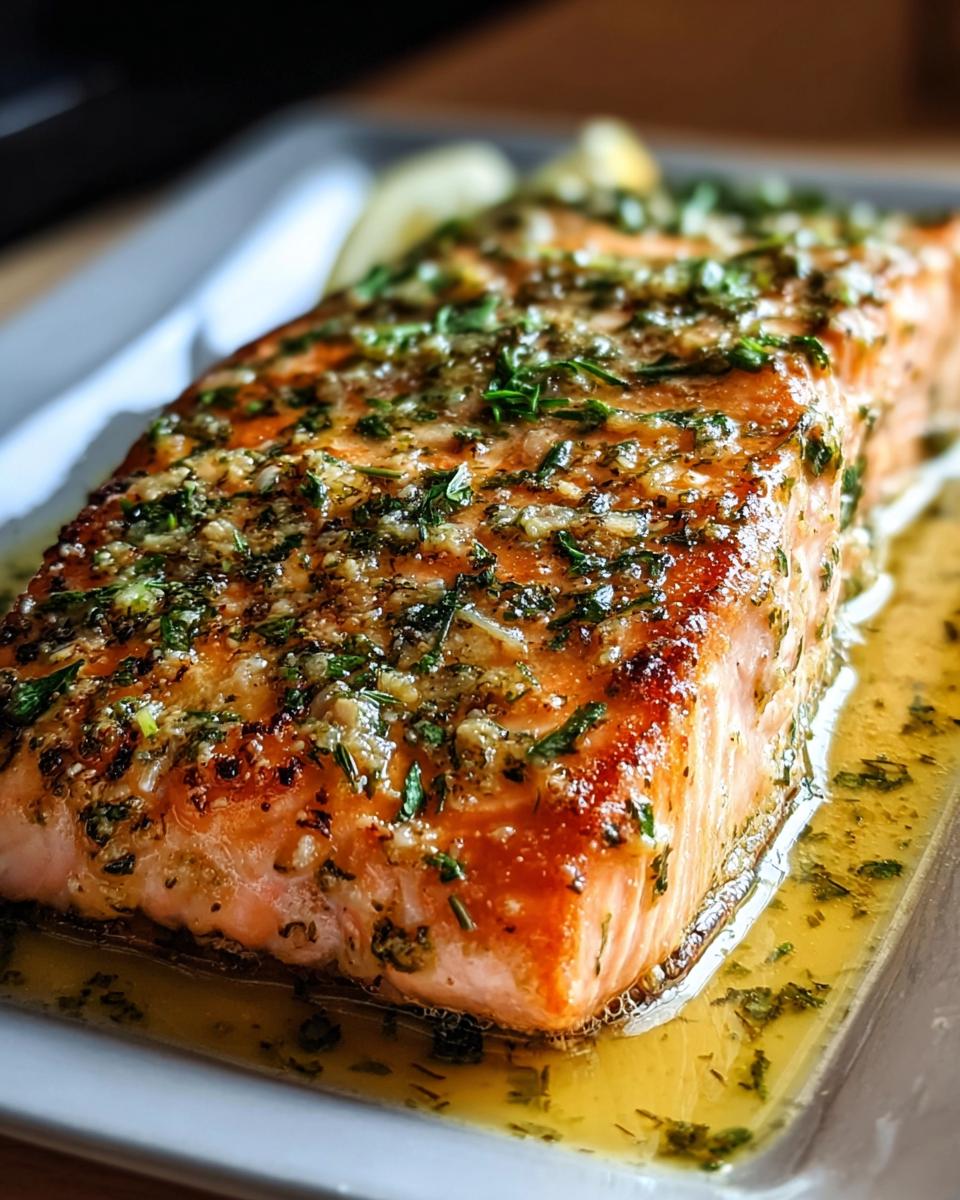 Close-up of a glistening fillet of Baked Salmon with Dijon and Herbs, topped with green herbs.