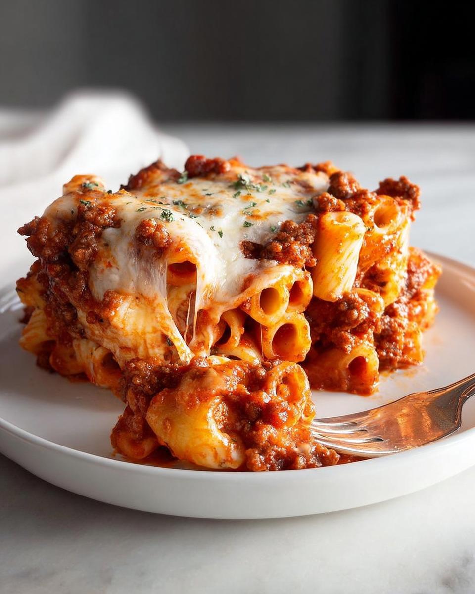A serving of Baked Ziti with Melty Cheese and Sauce, showing a cheese pull as a fork lifts a bite.