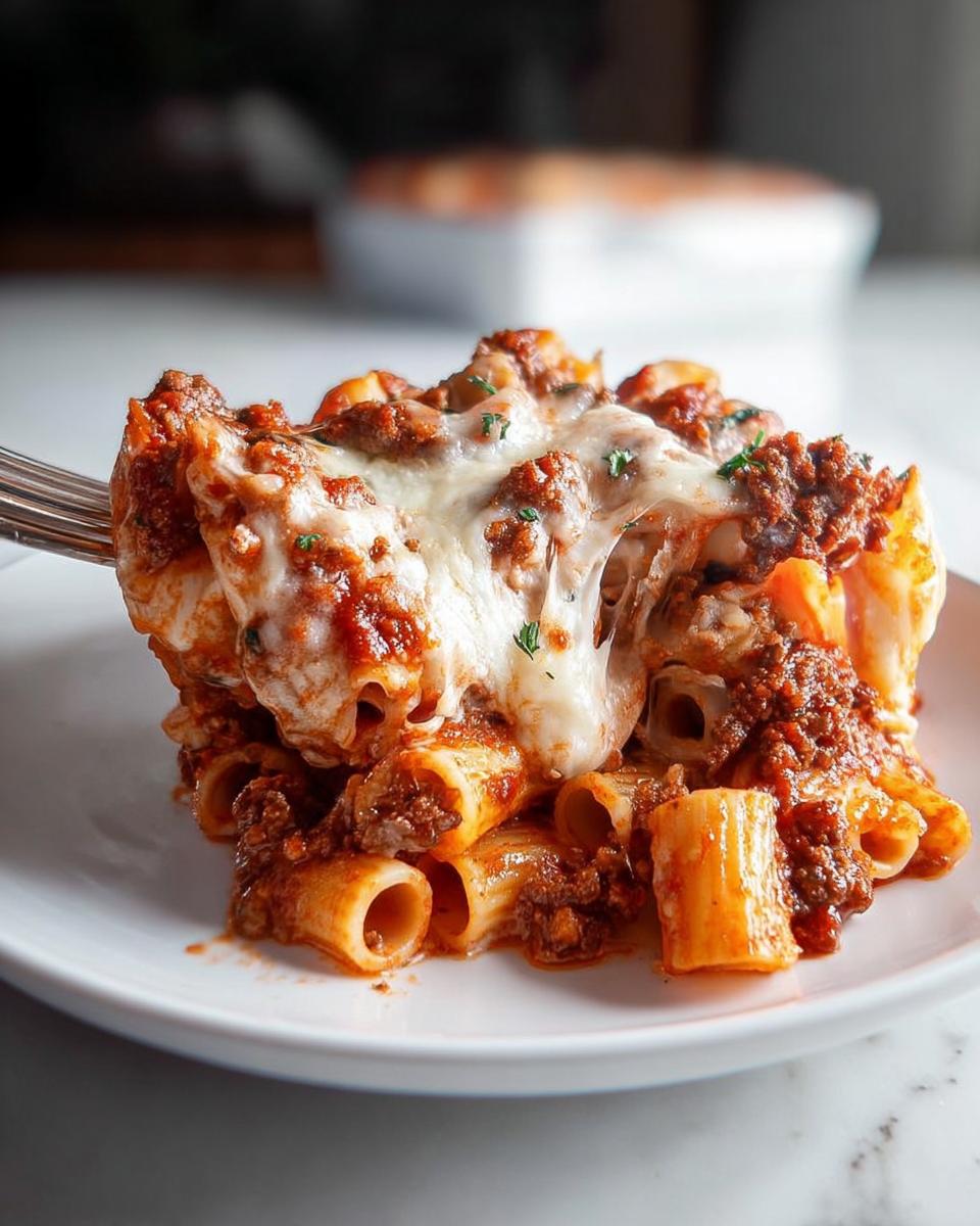 A fork lifts a serving of Baked Ziti with Melty Cheese and Sauce, showing stretchy mozzarella.