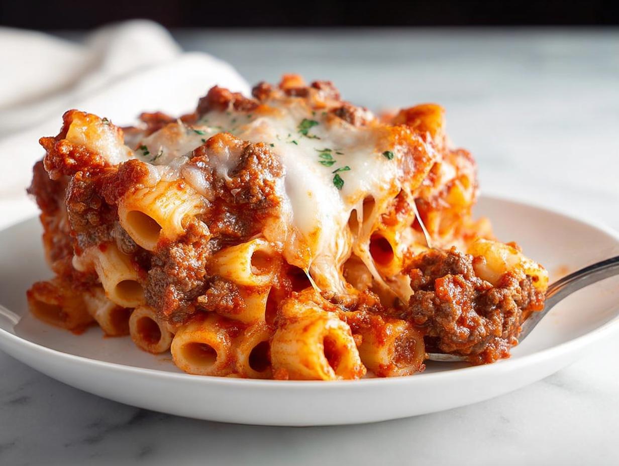 A close-up serving of Baked Ziti with Melty Cheese and Sauce, showing cheesy pull and rich meat sauce.
