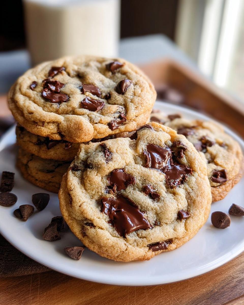 A stack of thick, chewy Bakery Style Chocolate Chip Cookies with Big Chips on a white plate, next to a glass of milk.