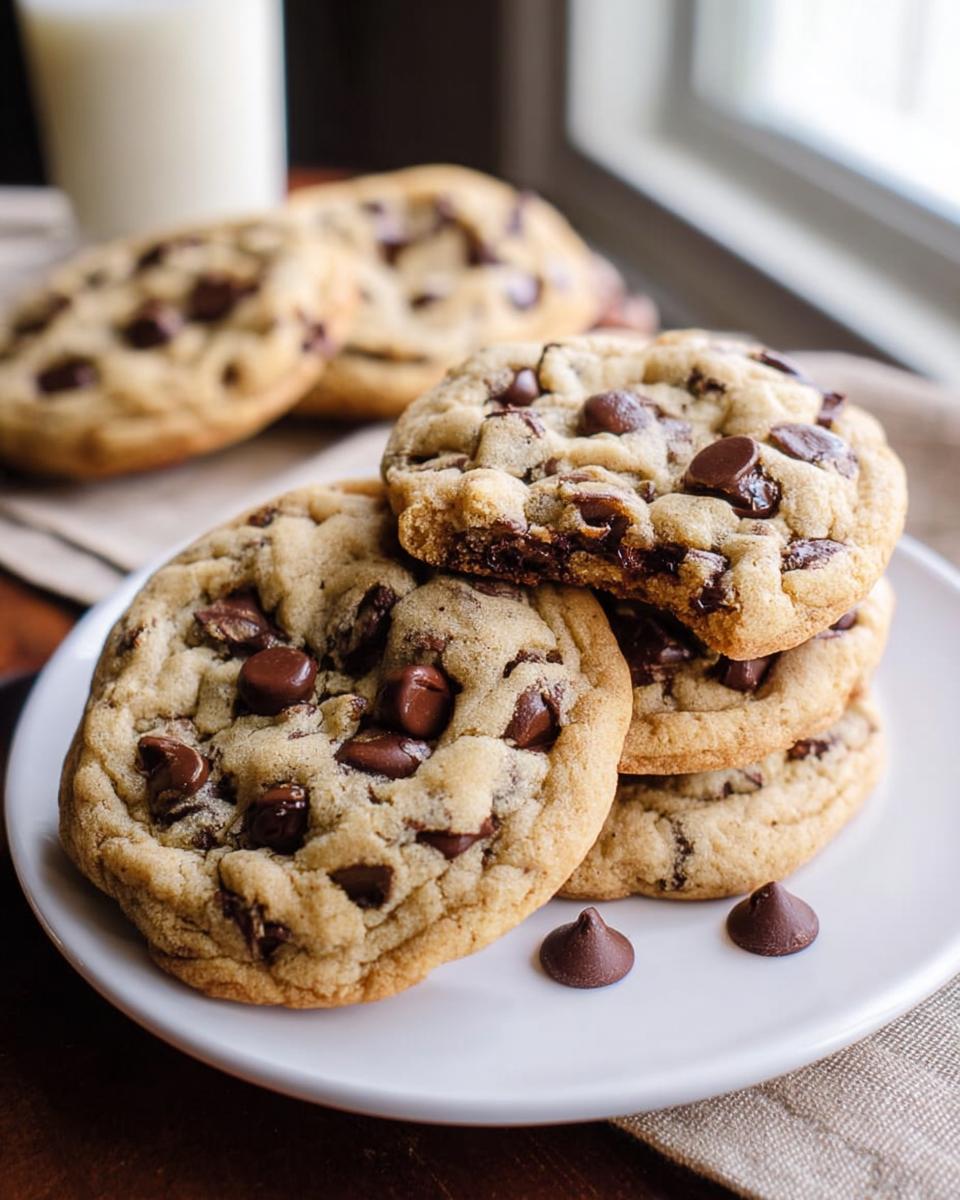 A stack of soft, thick Bakery Style Chocolate Chip Cookies with Big Chips on a white plate, one cookie is broken open.