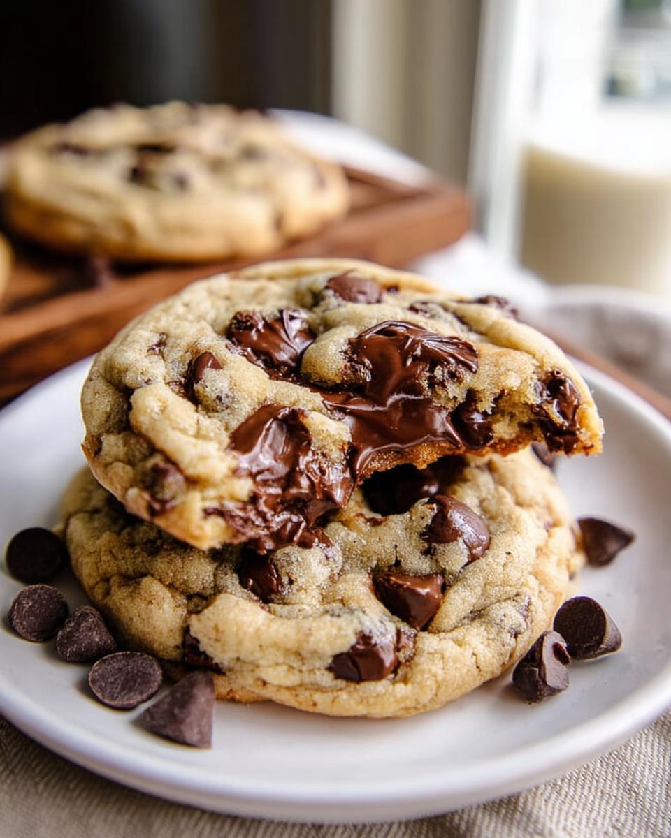 Two Bakery Style Chocolate Chip Cookies with Big Chips stacked, showing gooey melted chocolate center.