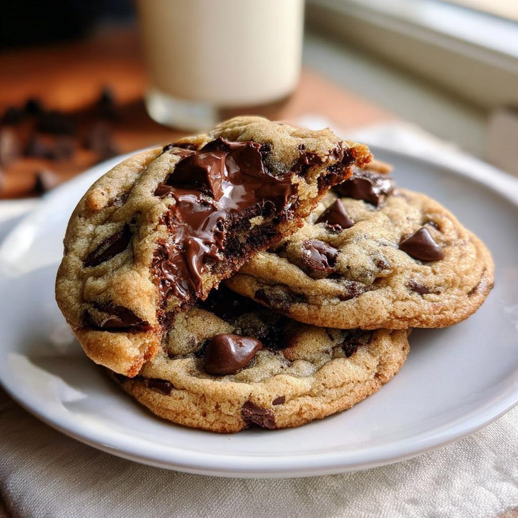 Close-up of Bakery Style Chocolate Chip Cookies with Big Chips, one broken open showing melted chocolate.