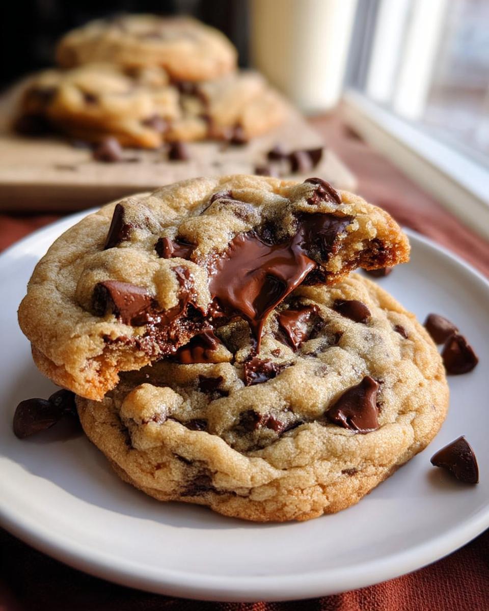 Two Bakery Style Chocolate Chip Cookies stacked, with the top one broken open revealing gooey, melted chocolate chips.