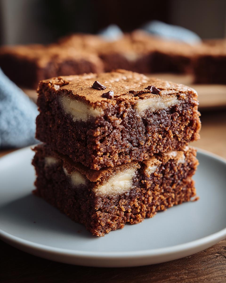 Two stacked squares of rich, fudgy Banana Bread Brownies showing visible chunks of banana inside.