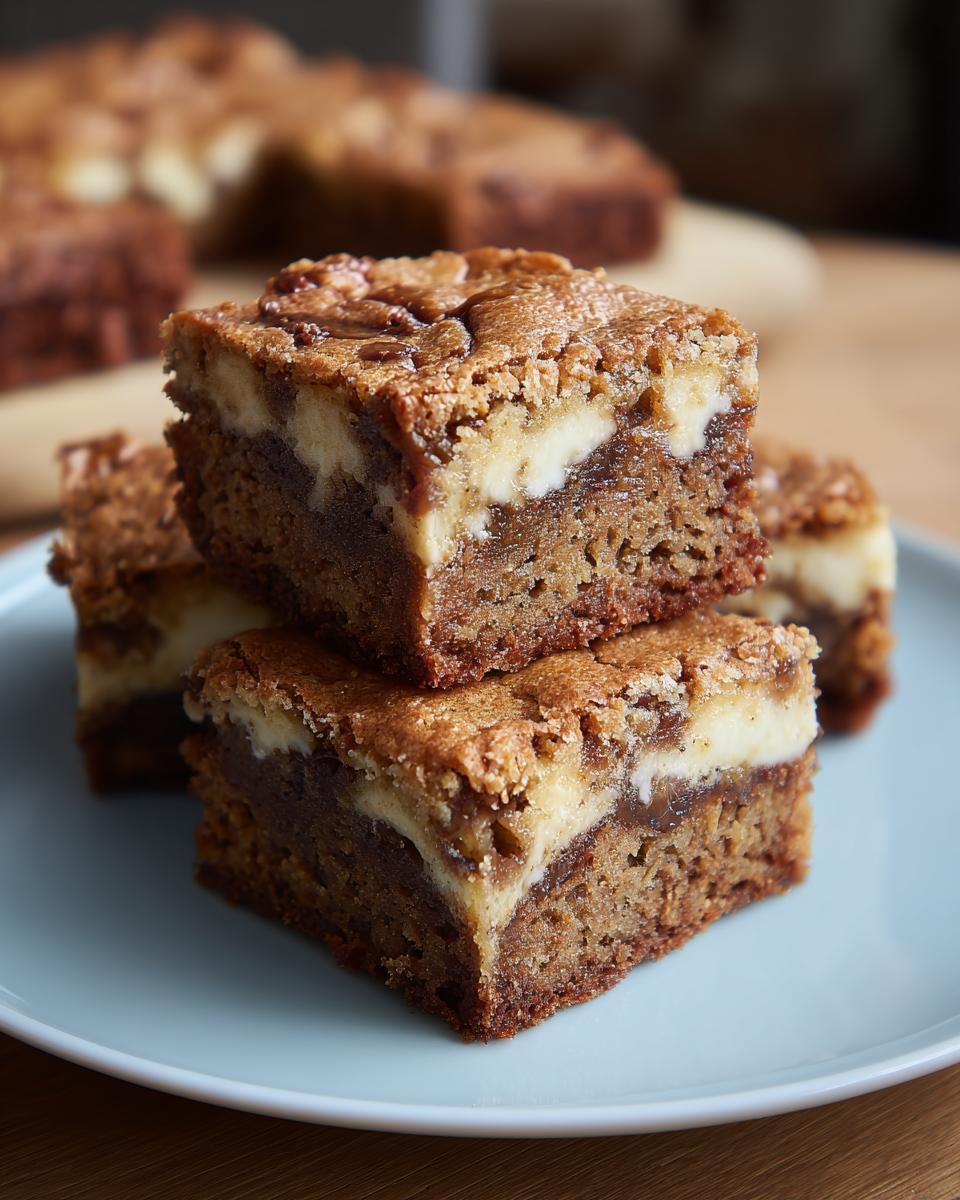 Close-up of stacked Banana Bread Brownies featuring a visible cream cheese swirl baked into the rich, moist batter.