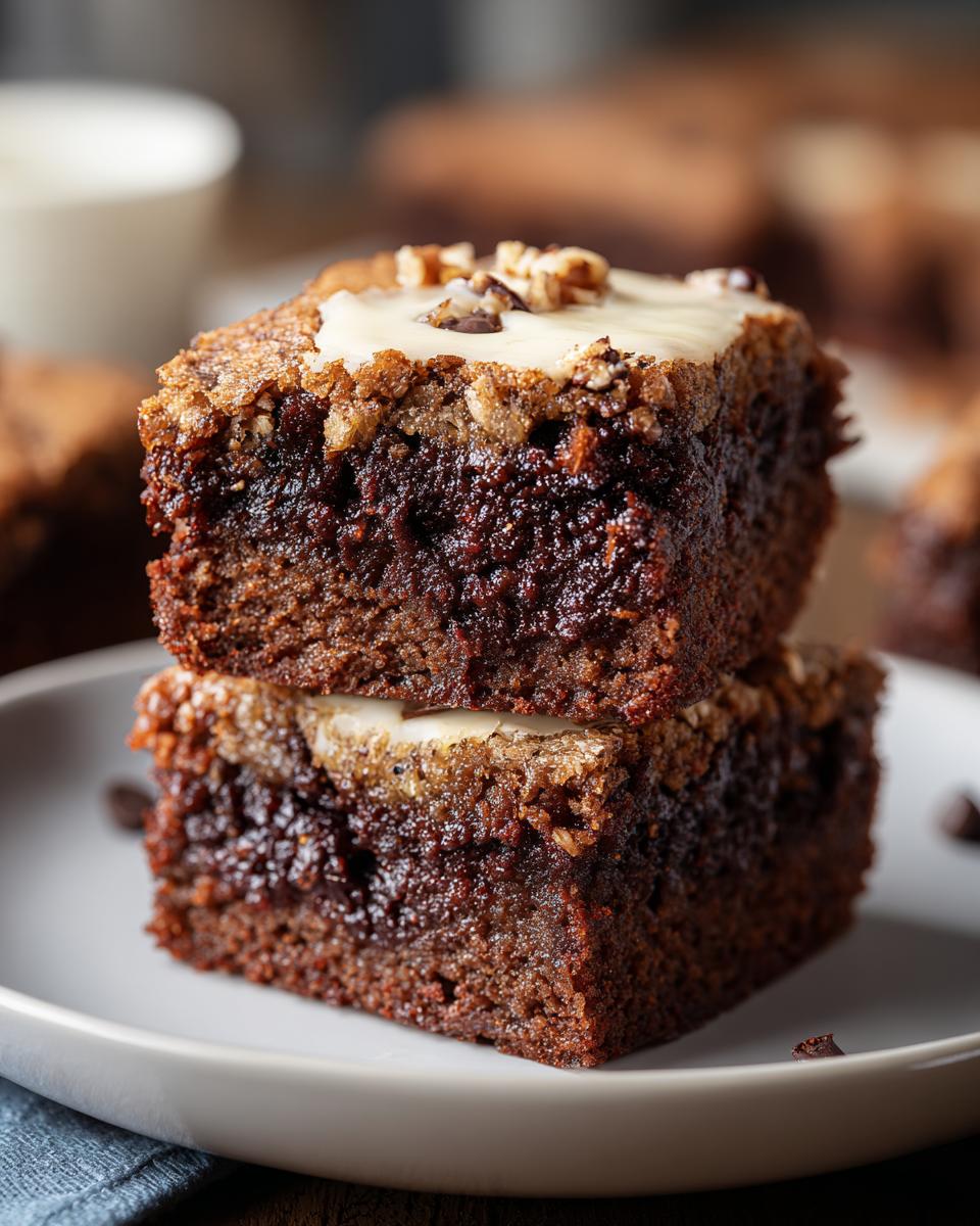 Two stacked, fudgy Banana Bread Brownies topped with a cream cheese swirl and chopped nuts.