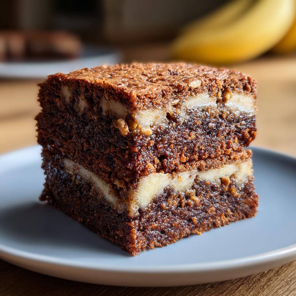 Two stacked squares of rich, dark Banana Bread Brownies featuring visible layers of white banana slices.