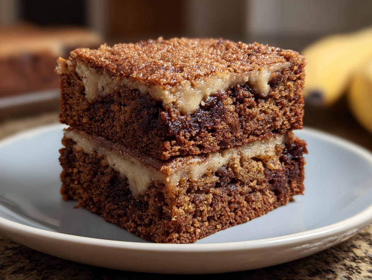 Two stacked squares of moist Banana Bread Brownies featuring a visible creamy layer and a sugary top.