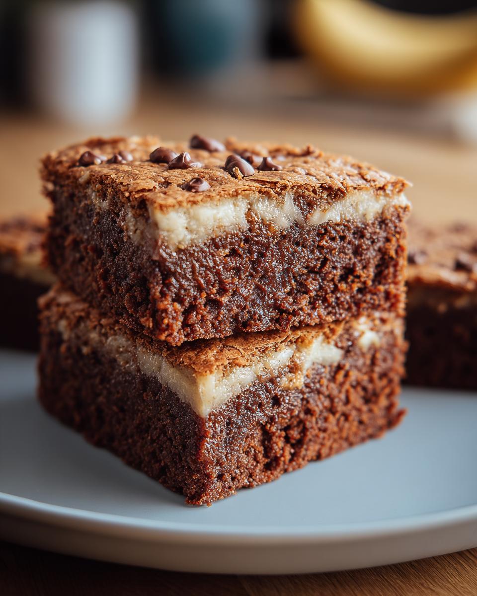 Two stacked, fudgy Banana Bread Brownies squares with a visible cream cheese layer and chocolate chips on top.