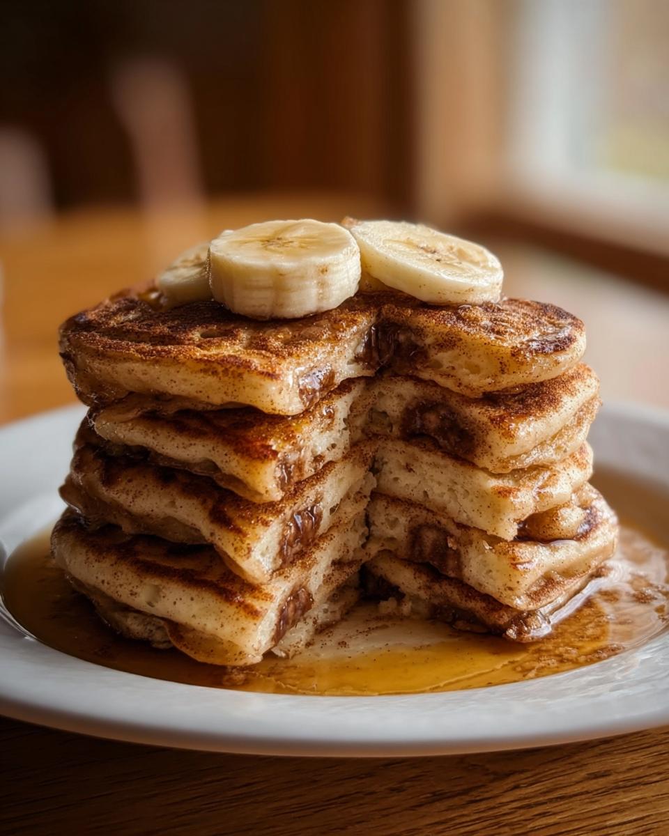 A tall stack of Banana Pancakes with Warm Cinnamon Flavor, topped with banana slices and syrup.