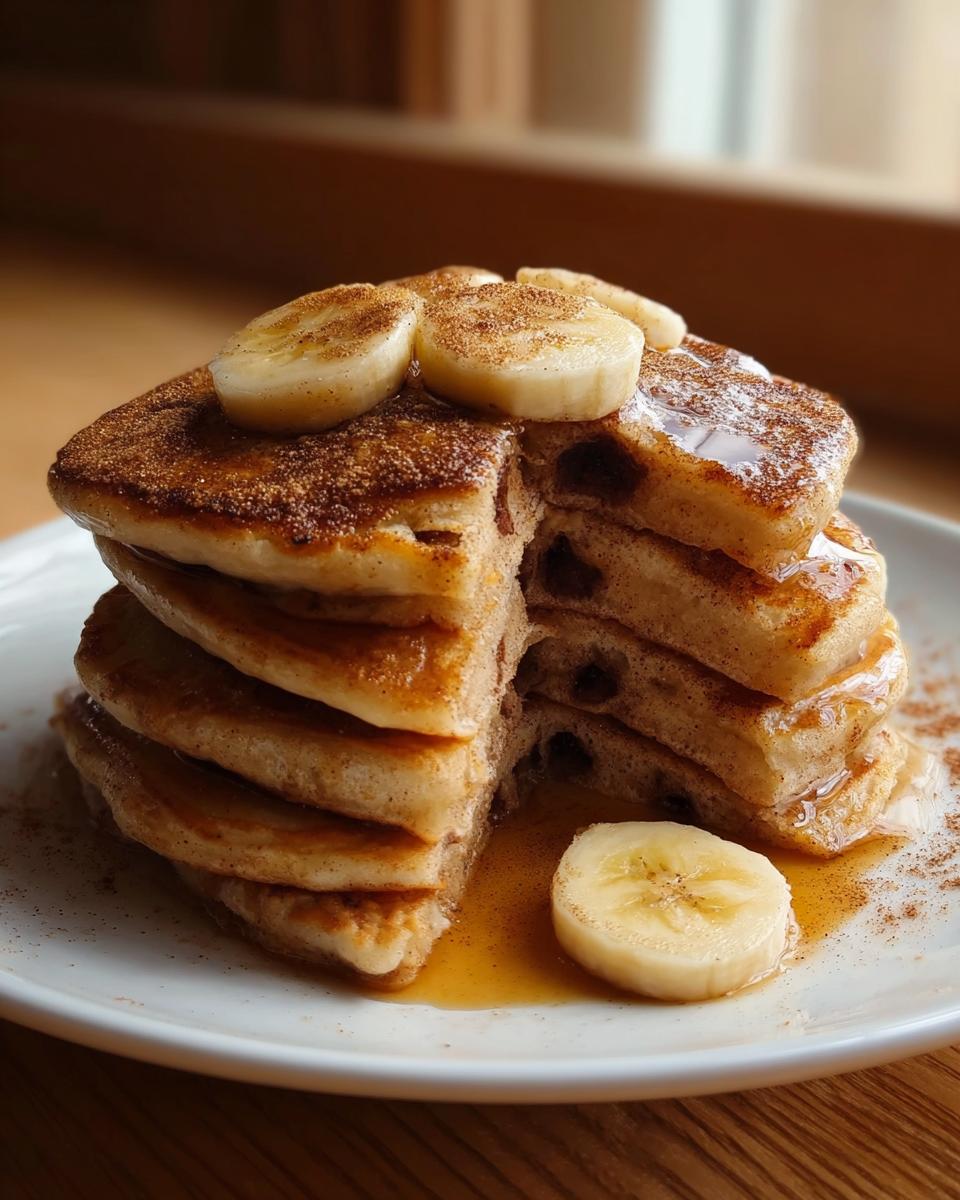 A tall stack of Banana Pancakes with Warm Cinnamon Flavor, topped with banana slices and syrup.