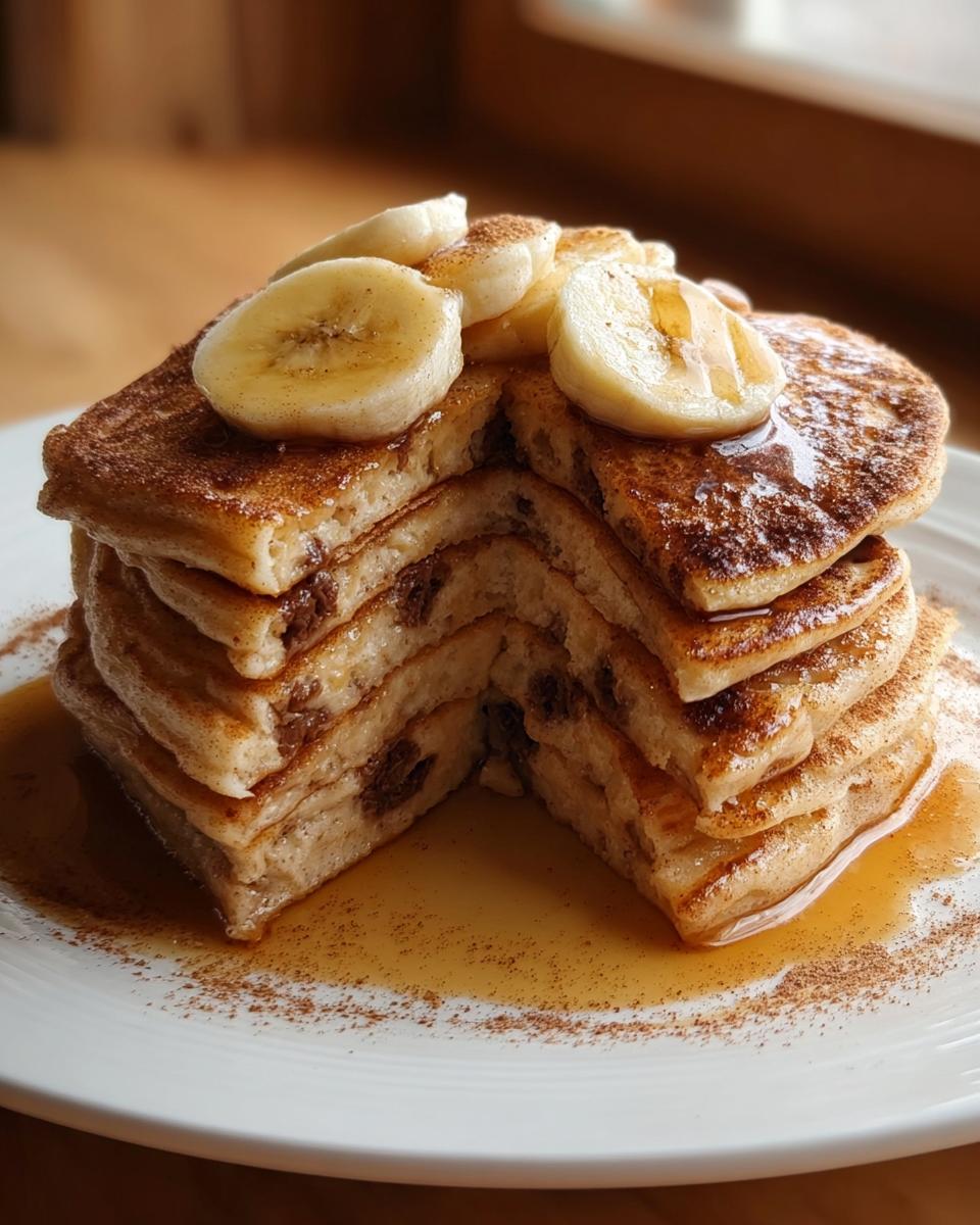 A tall stack of Banana Pancakes with Warm Cinnamon Flavor, topped with banana slices and drizzled with syrup.